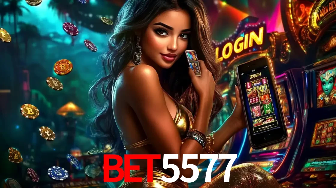 Mulher em um cenário de cassino temático de aventura, mostrando o app de caça-níqueis da BET5577 no celular. Fichas de apostas flutuam ao redor.