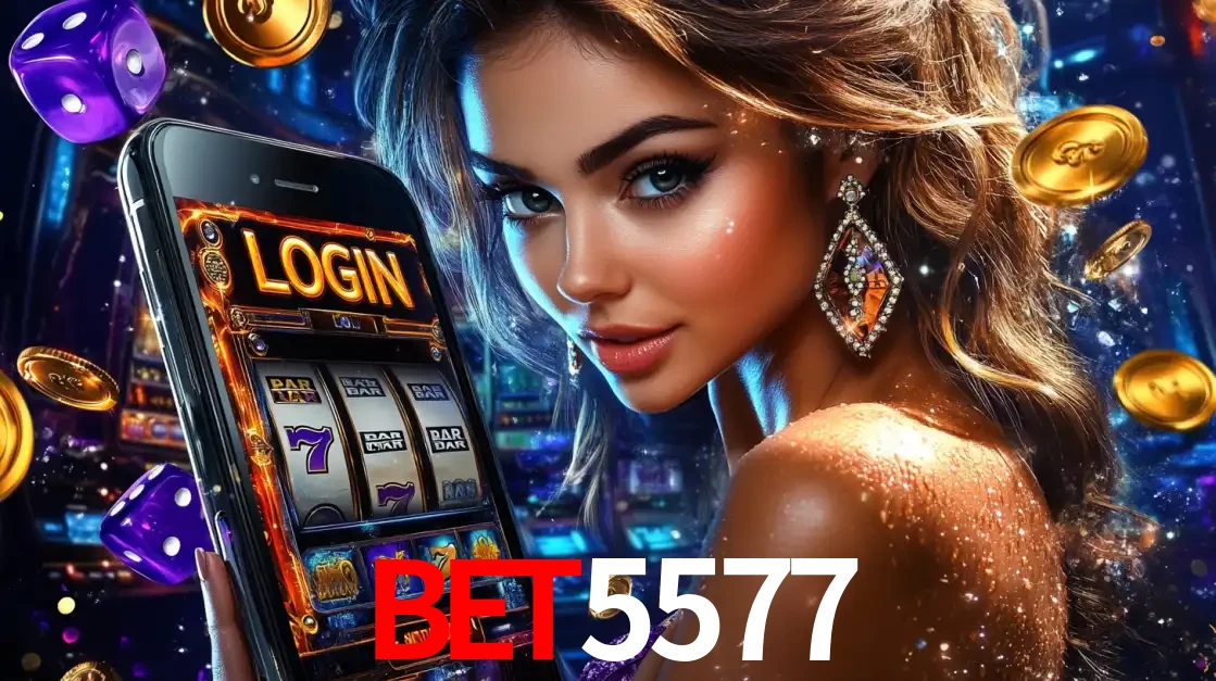 Mulher glamorosa segurando um smartphone com a tela de login para os jogos de caça-níqueis do cassino online BET5577, com moedas de ouro e dados ao redor.