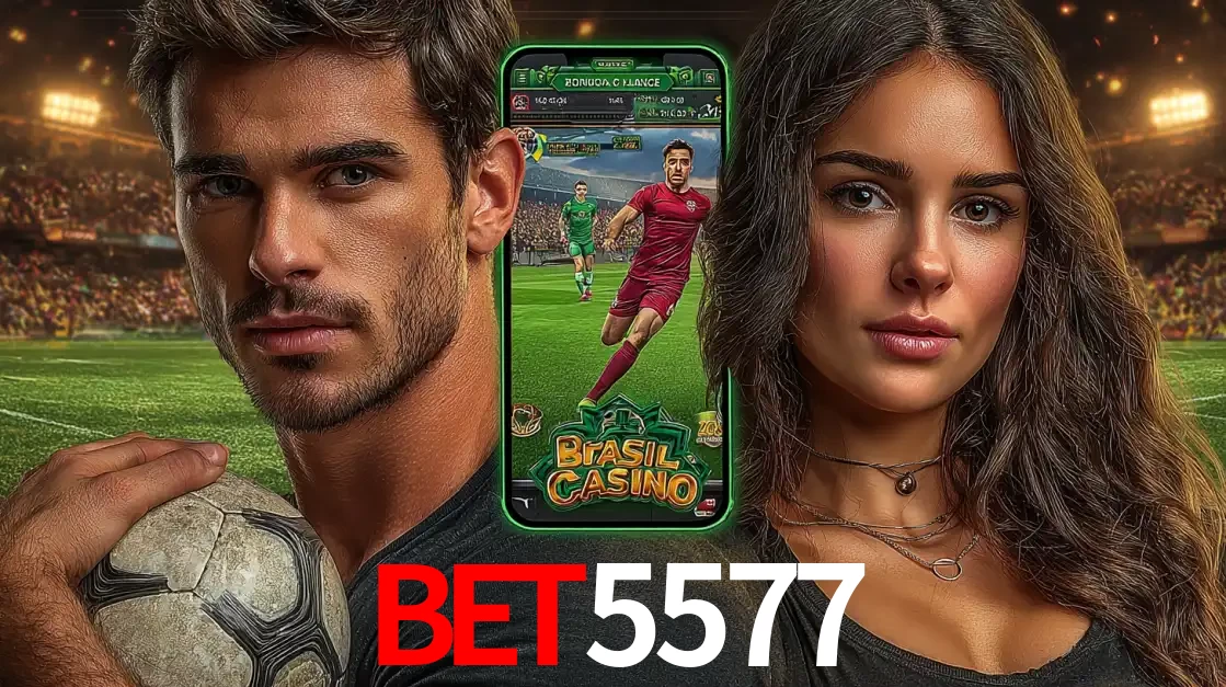 Homem segurando uma bola de futebol e uma mulher ao lado de um smartphone exibindo o jogo de apostas esportivas da BET5577. Faça seu palpite no cassino online.